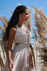 Long A Line V Neck Wedding Dress Lace Beading Sleeveless Beach Bridal Gown